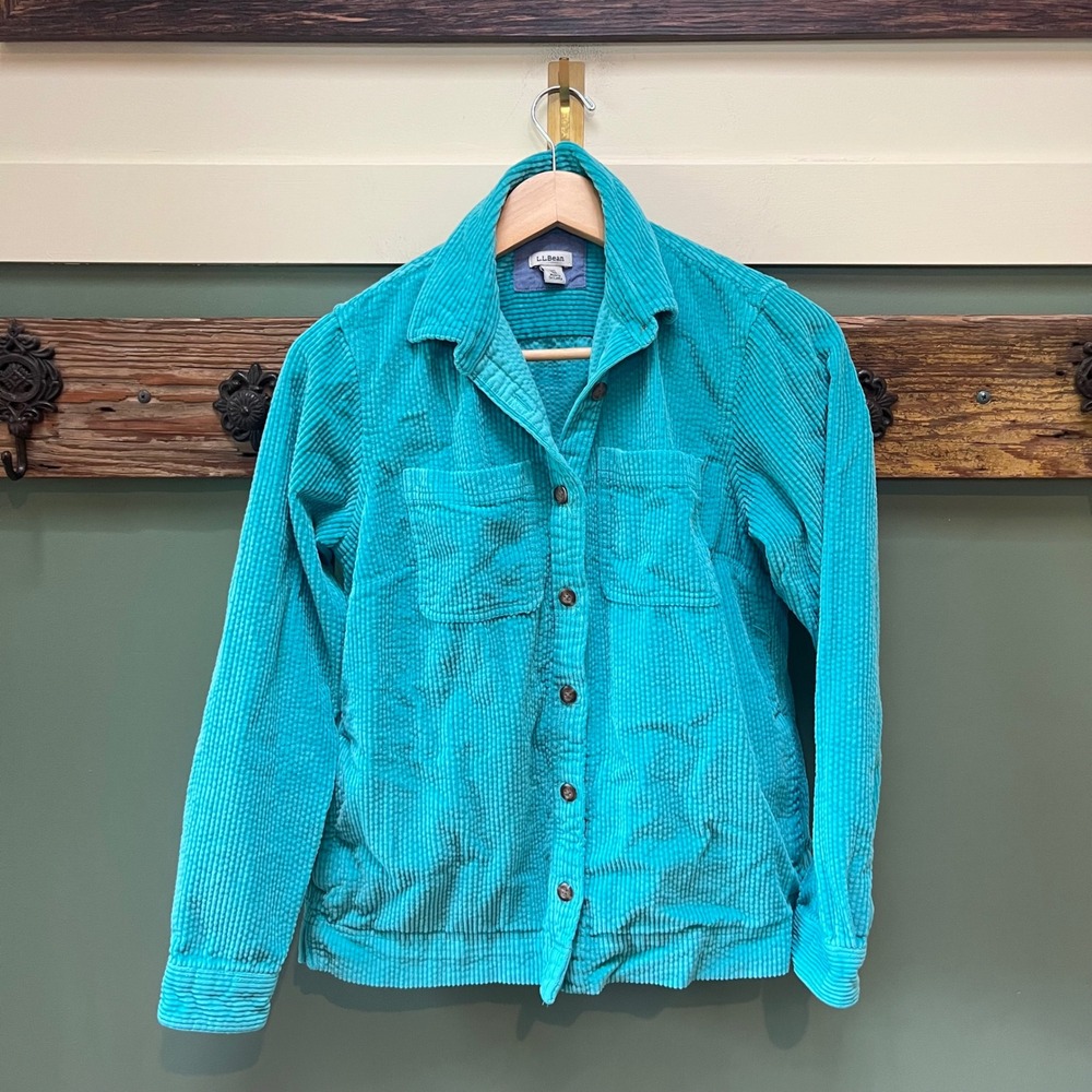 LL Bean Womens XS Turquoise Blue Cotton Corduroy Button Front Shirt Jacket